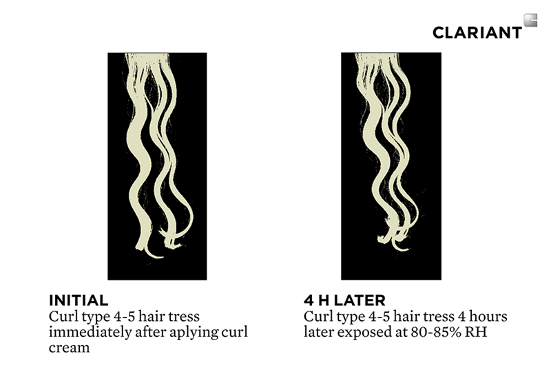 Curl definition study using the new Curls Just Wanna Have Fun Conditioning & Defining Cream. After exposing the hair tress for 4 hours at 80-85% RH the curls still maintained their definition and little to no frizz was observed. (Photo: Clariant)