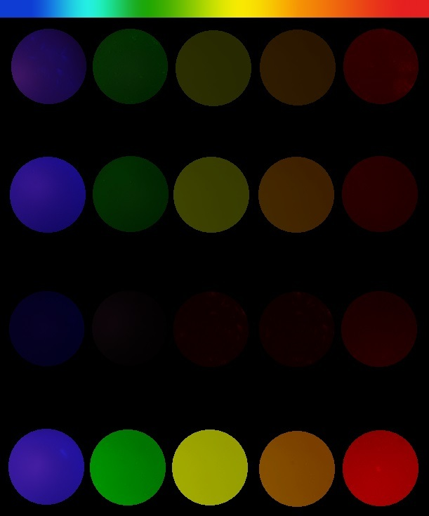 Peptide nanoparticles glow in different colors of the rainbow; each row shows the colors emitted for a series of three related peptides. Credit: Adapted from ACS Applied Materials & Interfaces 2020, DOI: 10.1021/acsami.0c08259