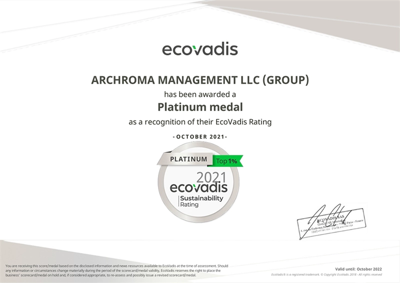 Archroma awarded EcoVadis Platinum Medal for its CSR performance, joining top 1% best rated companies. (Photos: EcoVadis)