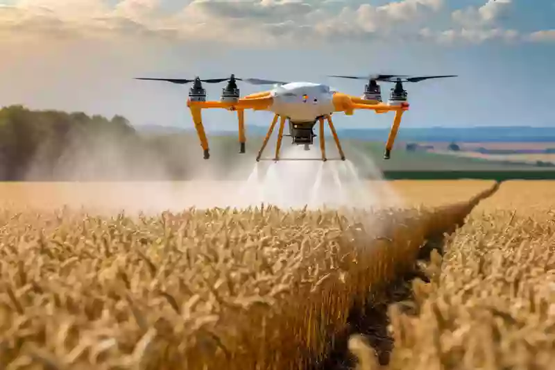 Drone spraying liquid urea over a wheat field. (Courtesy : Adobe Firefly)